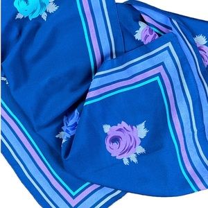Vintage Retro Square Head Scarf Blue Repeating Rose Pattern Striped Border
